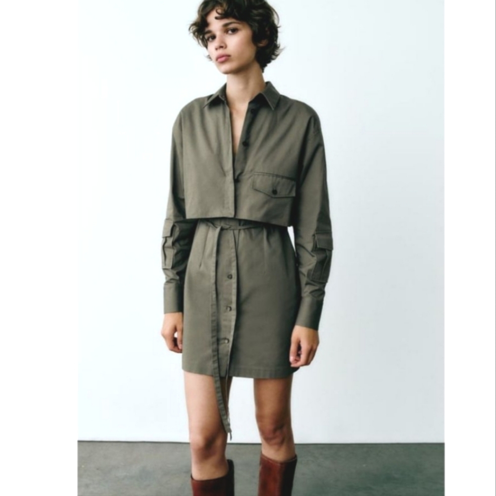 Zara Gabardine Shirt Dress Green Utility Long‎ Sleeves